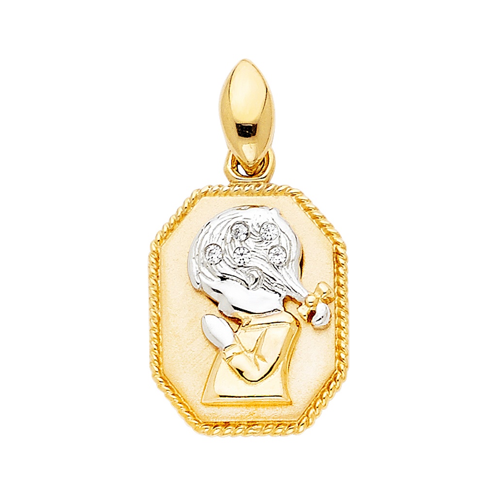 14k Two Tone Cz Religious Praying Girl Pendant